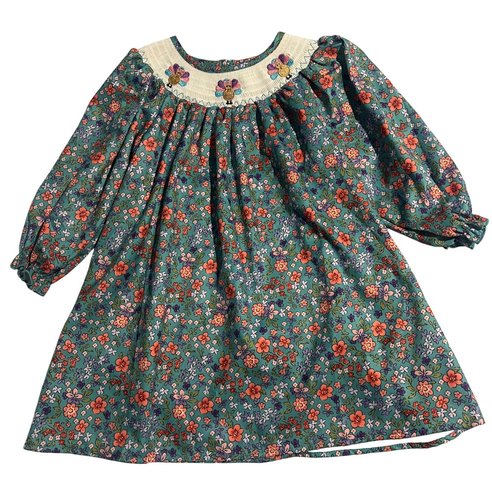 Girls Teal Floral Smocked Turkey Thanksgiving Bishop Dress Long Sleeve Size 4
